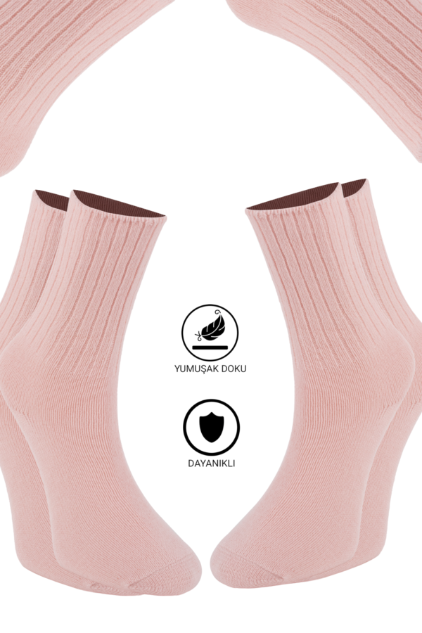 2'li Kışlık Kadın Pembe Yünlü Uyku Çorabı Soft Touch